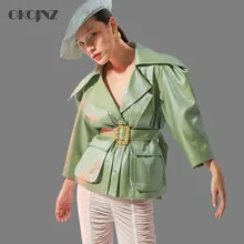 Ретро глянцевый модный пиджак женские металлические украшения для одежды на пуговицах тонкое пальто с поясом однобортный Тонкий Верхняя одежда Топы Весна Okq134