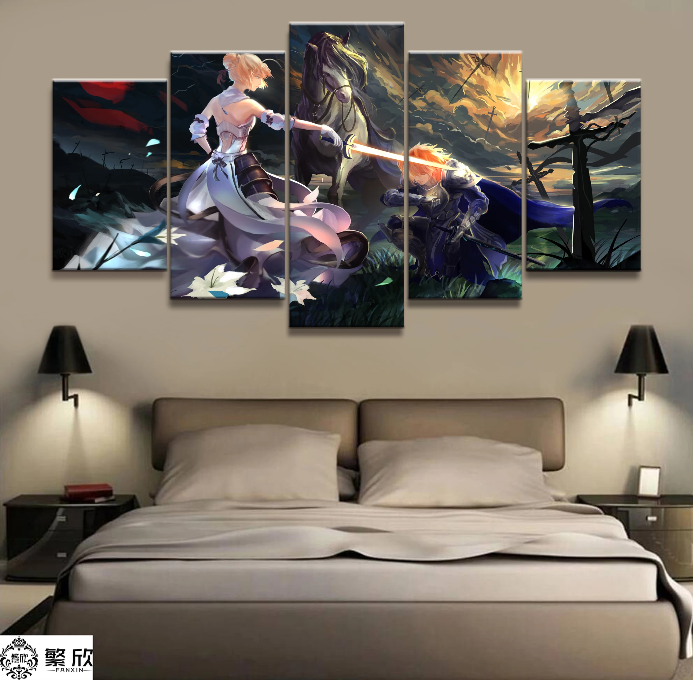

5 Panel Fate Stay Night Arthur Saber Animation Canvas Printed Painting For Living Room Wall Art Decor HD Picture Artworks Poster