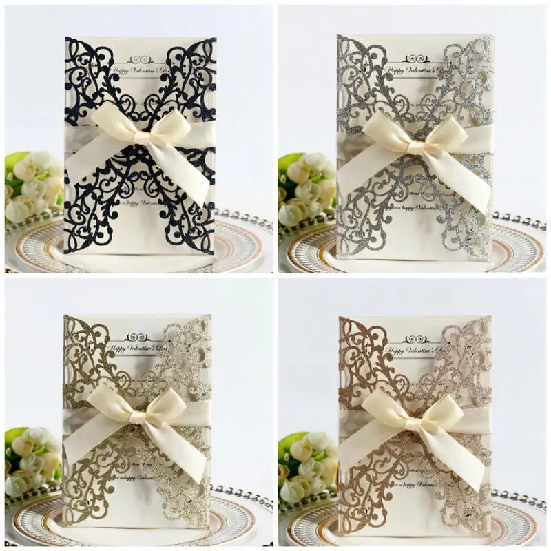  10PCS Bowknot Glitter Invitations European Style Laser Cut Wedding Invitations Holiday Greeting Car - 32988380266