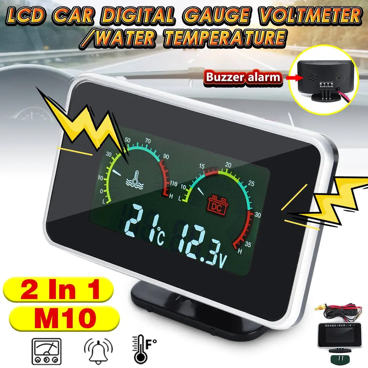 

12V-24V 2in1 LCD Car Digital Gauge Voltage Pressure Meter Water Temp Meter with Buzzer Alarm M10