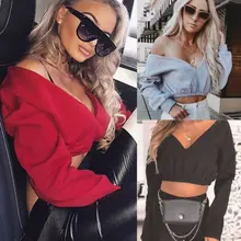 New Fashion Sexy Women Autumn Crop Hoodies Long Sleeve Casual Female Cotton Sweatshirts Deep-V Neck Off Shoulder Street Wear