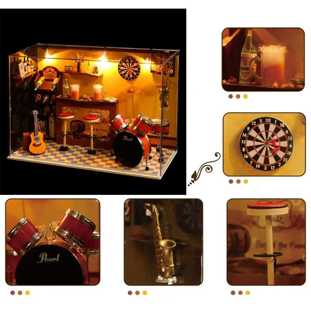Excellent DIY Wooden Dollhouse Kit Miniature Room House Model Taproom Bar Pub+Glass Cover 8inch Ornament Craft Idea Gift