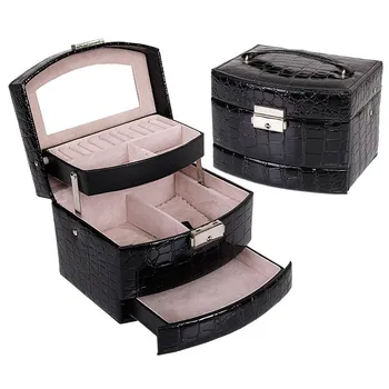 

BMBY-Automatic Leather Jewelry Box Three-layer Storage Box For Women Earring Ring Cosmetic Organizer Casket For Decorations