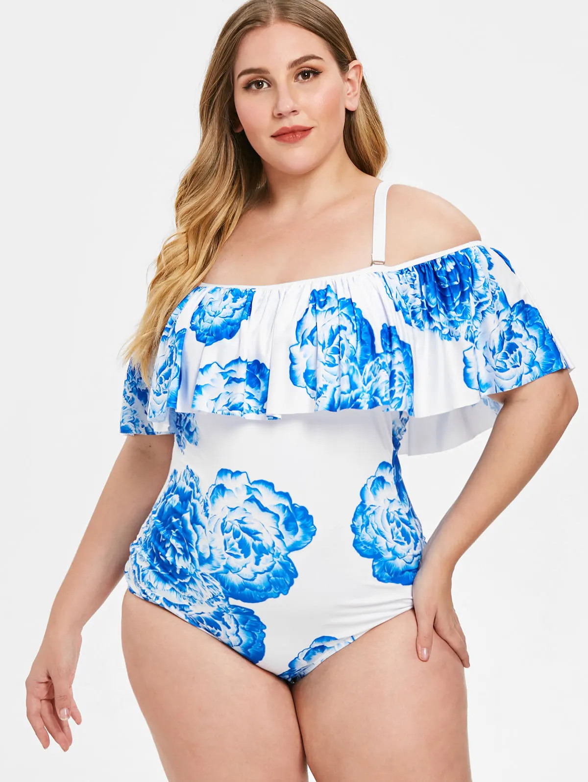 

Wipalo 2019 Fashion Women Plus Size Floral Print Ruffle Insert Swim Wear Blue China Print Casual Summer Beach Set Bathing Suit