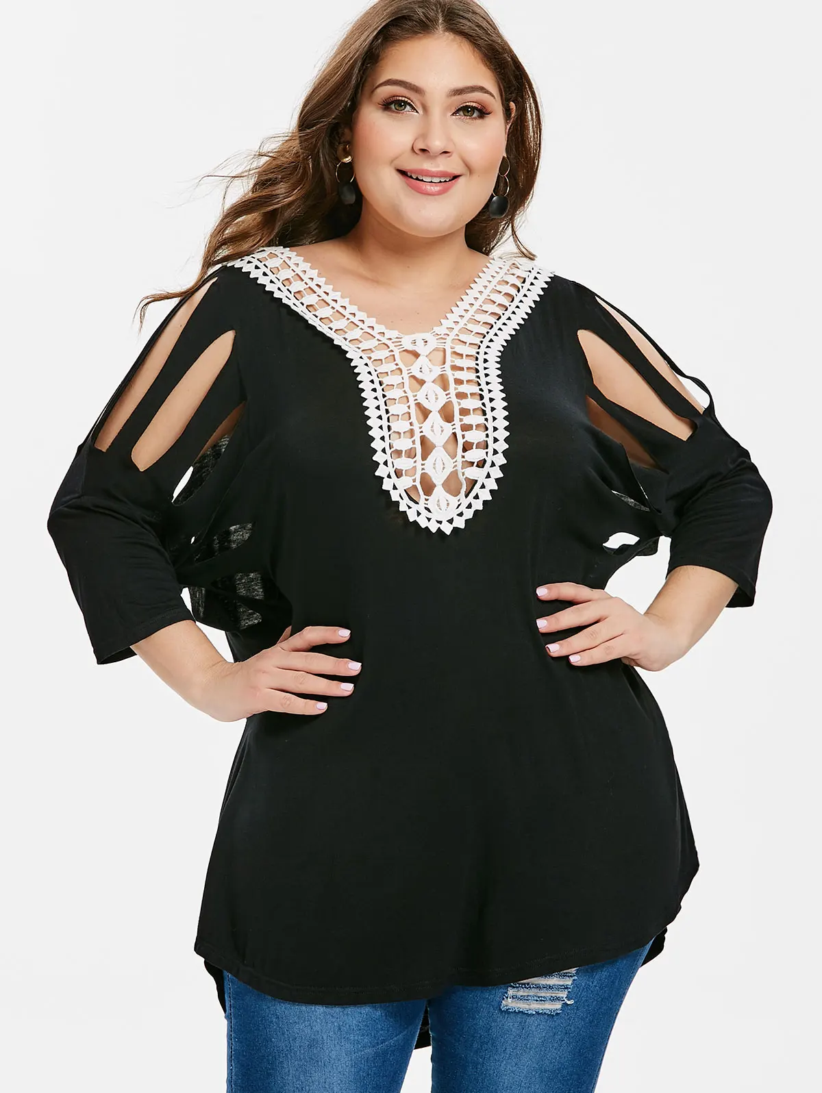 

Wipalo Women Plus Size 5XL Lace Insert Ladder Cut Out T-Shirt Three Quarter Sleeves Casual Patchwork Tees Spring Summer Tops