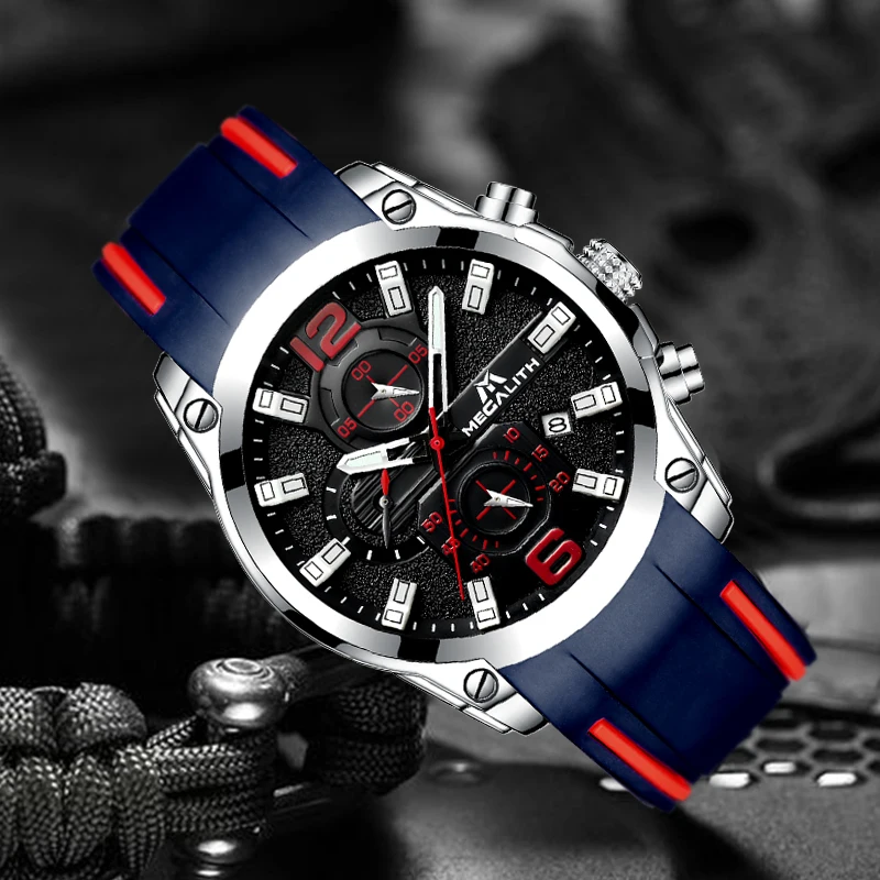 MEGALITH Men Sports Watches Waterproof Luminous Hands Chronograph Analog Quartz Watches Silicone Rubber Strap Relogio Masculino