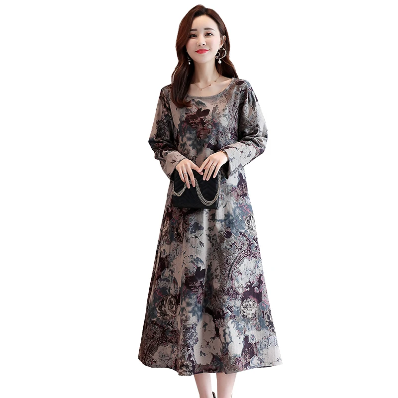

Spring Summer Women Long Sleeve Loose Dresses Casual Floral Printed O-Neck Mid-Calf Dresses Vestido