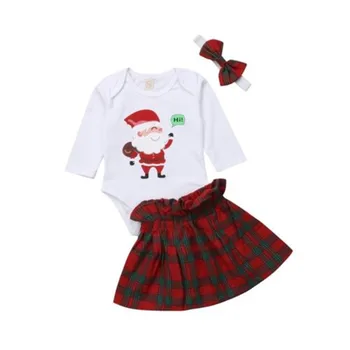 

3Pcs Cute Newborn Baby Girl Christmas Outfits Sets Santa Claus Bodysuit Romper Jumpsuit Plaids Tutu Skirt Bow Headband Set 0-24M
