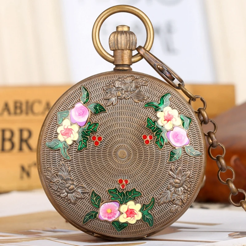 

Pure Copper Tourbillon Sun Phase Mechanical Hand Winding Pocket Watch Retro Double Hunter Top Luxury Carved Flowers Watches Gift