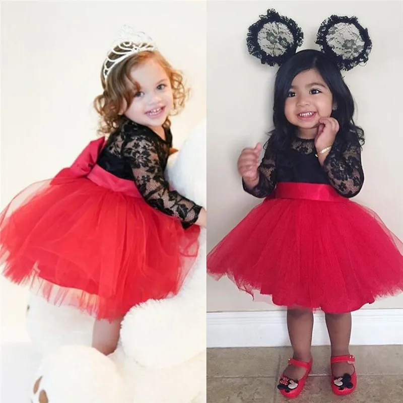 Formal Kids Baby Girls Christmas Princess Dress Mesh Lace Flower Long Sleeve Back Bow Dress Tulle Wedding Party Ball Gown 6M-5Y