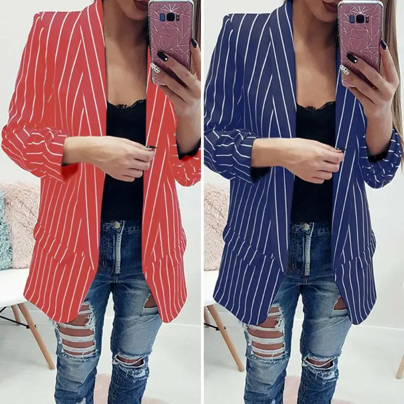 Fashion Autumn Women Striped Print Blazer Office Elegant