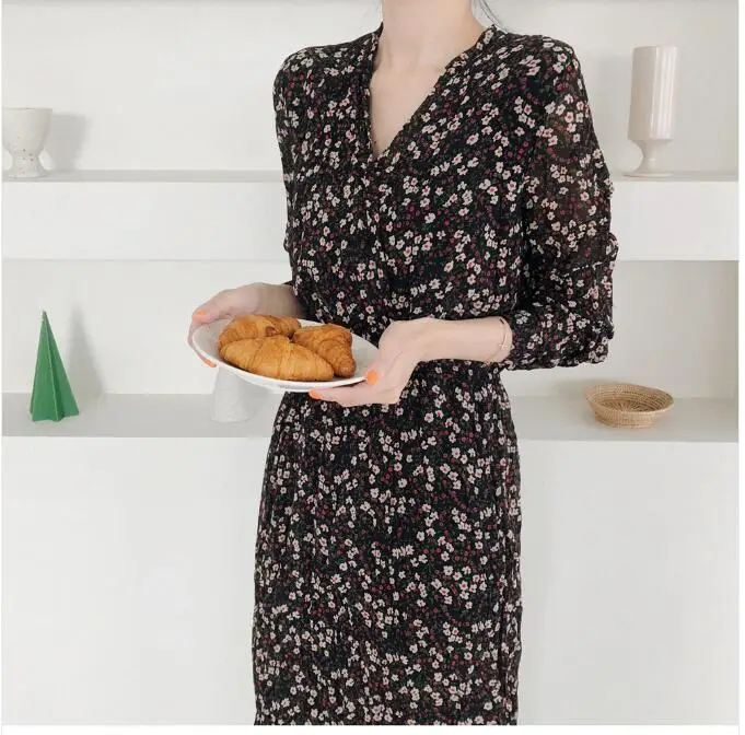 Skup 2019 długie sukienki Design kobiety moda z długim rękawem wąska talia linia Temperament Lady vintage, w kwiaty drukuj sukienka vintage 7912