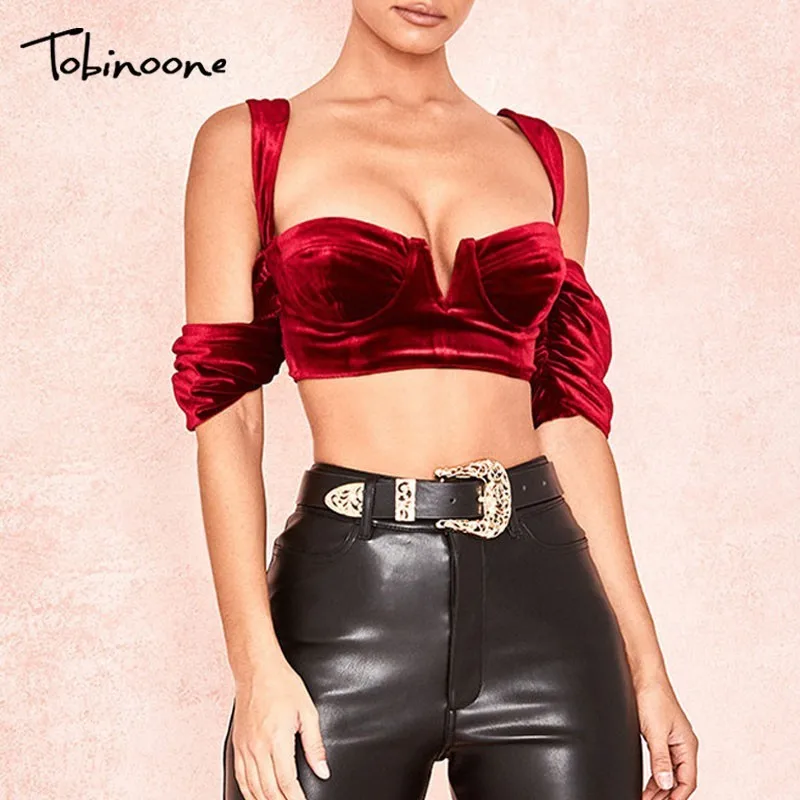 

Tobinoone Sexy Women Velvet Cropped Camis Crop Top Vintage Deep V Neck Female Sleeveless Strap Top red Fitness ClubwearFor Lady