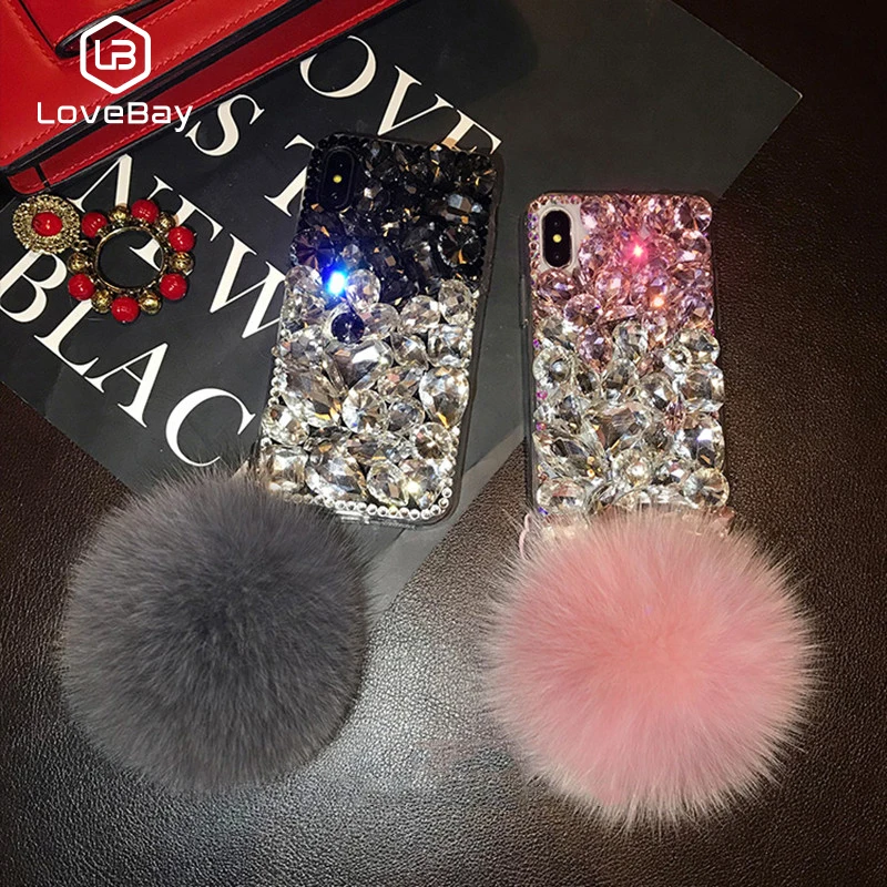 

Lovebay Luxury Woman Shiny Case With Shell Hair Ball For iPhone X 8 7 6 6S Plus XR XS MAX Mobile Phone Holder Diamond Stone Capa