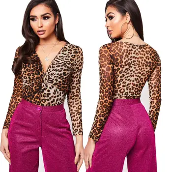 

Women Ladies Loepard Clubwear V Neck Playsuit Bodycon Party Sexy Long Sleeve Bodycon Jumpsuit Romper Trousers