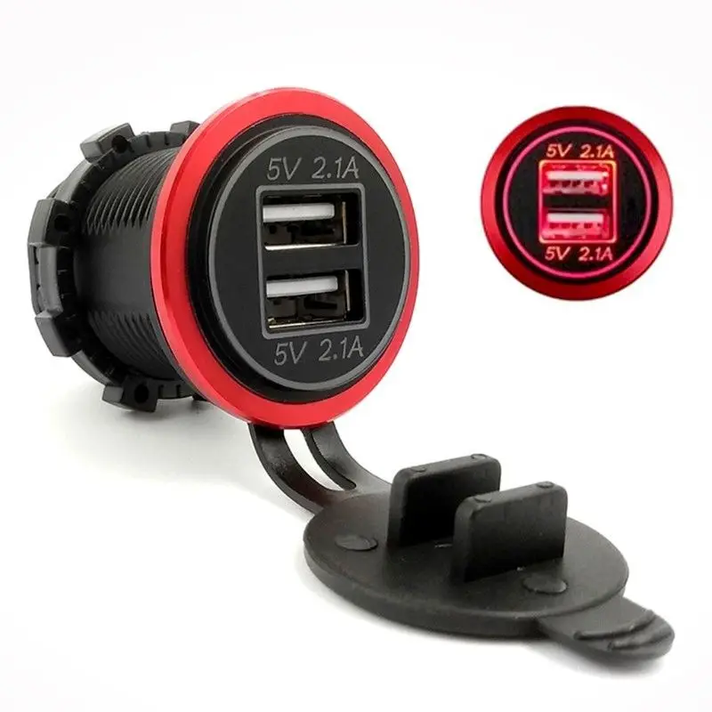 

12V - 24V 4.2A Car Dual USB Charger Motorcycle Boat Cigarette Lighter For Mobile Phone Tablet 2 Ports Charger Red/Green/Blue
