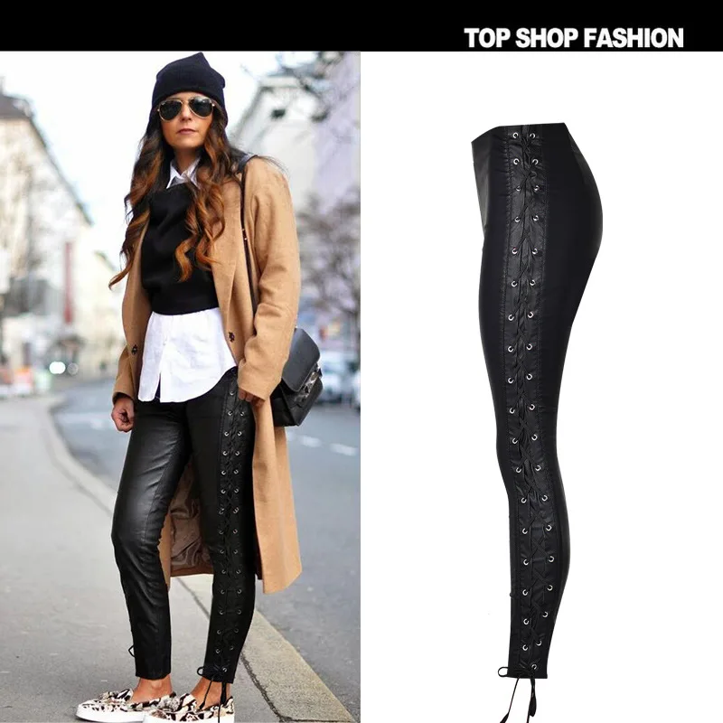 Alto Pu Venda Slim Cuero Talle Negro Estilo Pantalones La Elástico Imitación Mujer Nuevo De qYz4x7H
