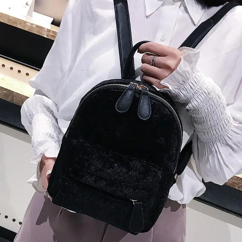 

Women Soft Velvet Backpack 2019 Fashion Portable Luxury Small Solid Travel Backpacks Teenager School Bag Zipper Shoulder Bags