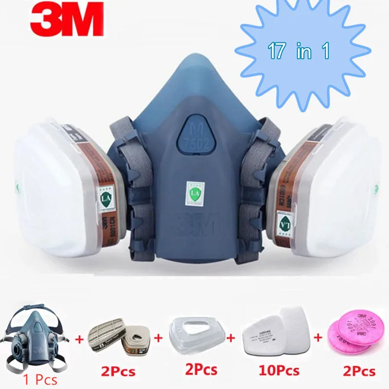 

17 in 1 3M 7502 6001 Professional Gas Mask Respirator Double Activated Air Filter Polish Woodworking Protective Half Mask