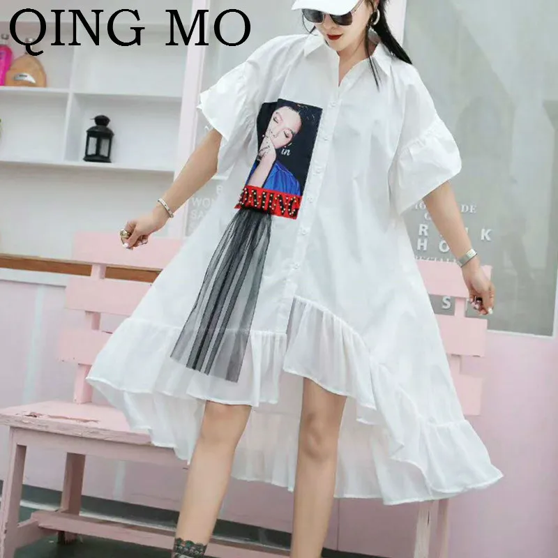 

QING MO Women Mesh Patchwork Dress Women Black Irregular Lower Hem Dress Women White Turn-down Collar Mid-Calf Dress ZQY108