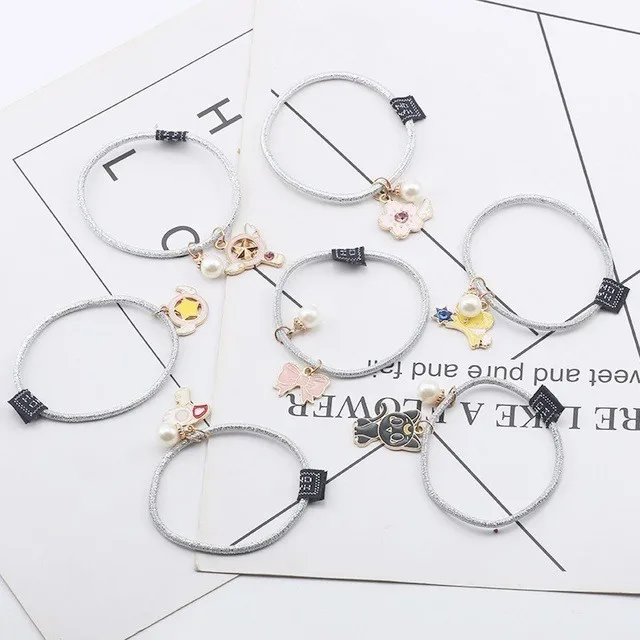 

Anime Cardcaptor Sakura Hair Accessories Enamel Cat Bird Stars Pearl Flexible Hair Rope Jewelry For Women Girls Gifts Bijoux