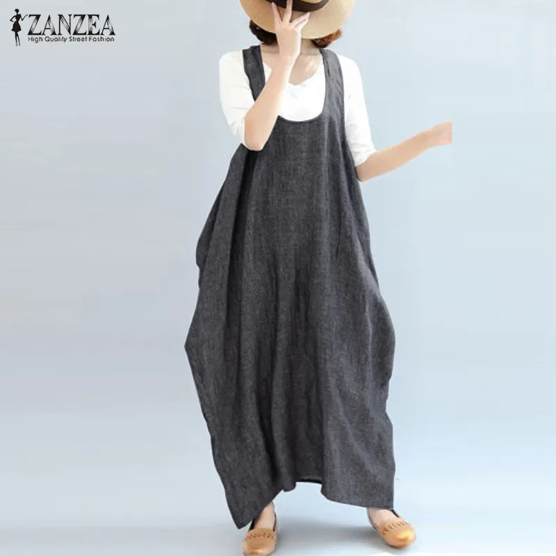 

2019 Plus Size ZANZEA Summer Party Suspender Women Casual Solid Sleeveless Loose Sundress Overalls Dress Vestido Kaftan Female