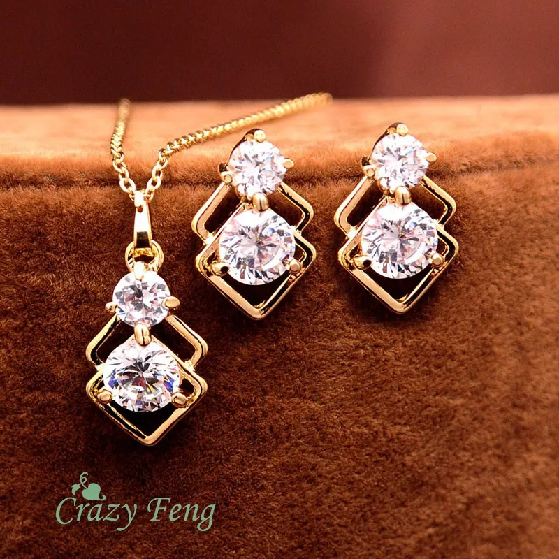 

Fashion Women Gold-color Jewelry Set CZ Stone Pendant Necklace + Earrings Crystal jewelry Wedding Jewelry Sets