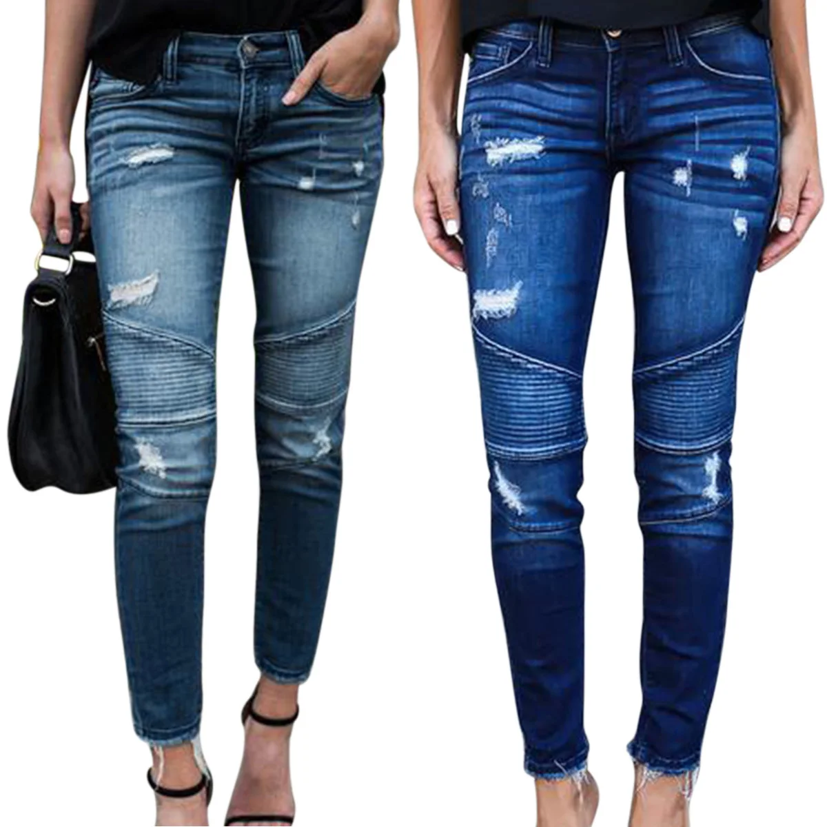 Женские брюки-карандаш, плиссированные длинные джинсы, женские облегающие плиссированные рваные Стрейчевые джинсовые повседневные узкие брюки