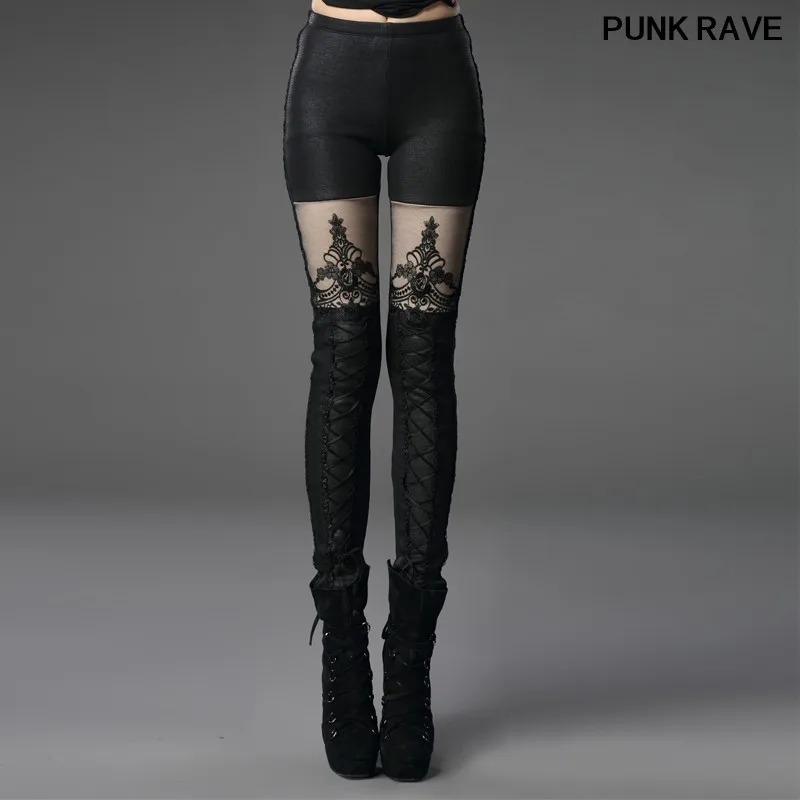 

Gothic lace Printed Slim Pant Perspective sexy Leggings fashion Casual Leather Stitching Ladies Skinny Trousers PUNK RAVE K-244