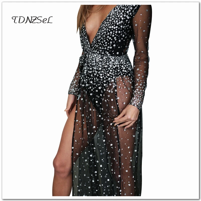 Prix Femmes Sexy Voile Maille Lâche Maxi Robe Dot Imprimer Élégant Voir À Travers Profonde V Haut de Split Transparent Robe Nightclub porter