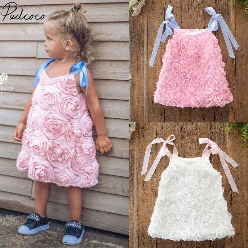

2019 Children Summer Clothing Fancy Kids Baby Girl Flower Dress Lace Tutu Party Gown Pageant Dress 3D Rose Strap Sundress 1-6T