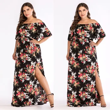 

Sexy Party Cotton Dress Women Short Sleeve printing flower Fashion Long One-Shoulder Vintage Plus Size XL XXL XXXL 4XL