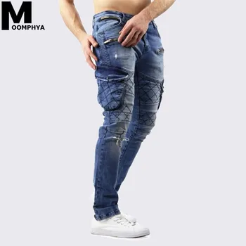 

Moomphya 2019 New Ripped holes side pocket skinny jeans men Streetwear hop hop zipper biker jeans Blue men jeans pants