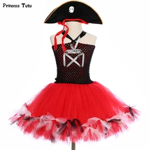 Пиратское платье-пачка; нарядное платье для девочек; цвет черный, красный; карнавальный костюм на Хэллоуин; костюм капитана пирата для девочек; праздничная одежда