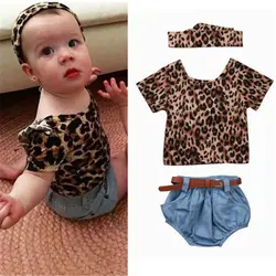 Футболка с леопардовым принтом для маленьких девочек, топ + джинсовые шорты, комплект одежды, новая одежда для новорожденных девочек