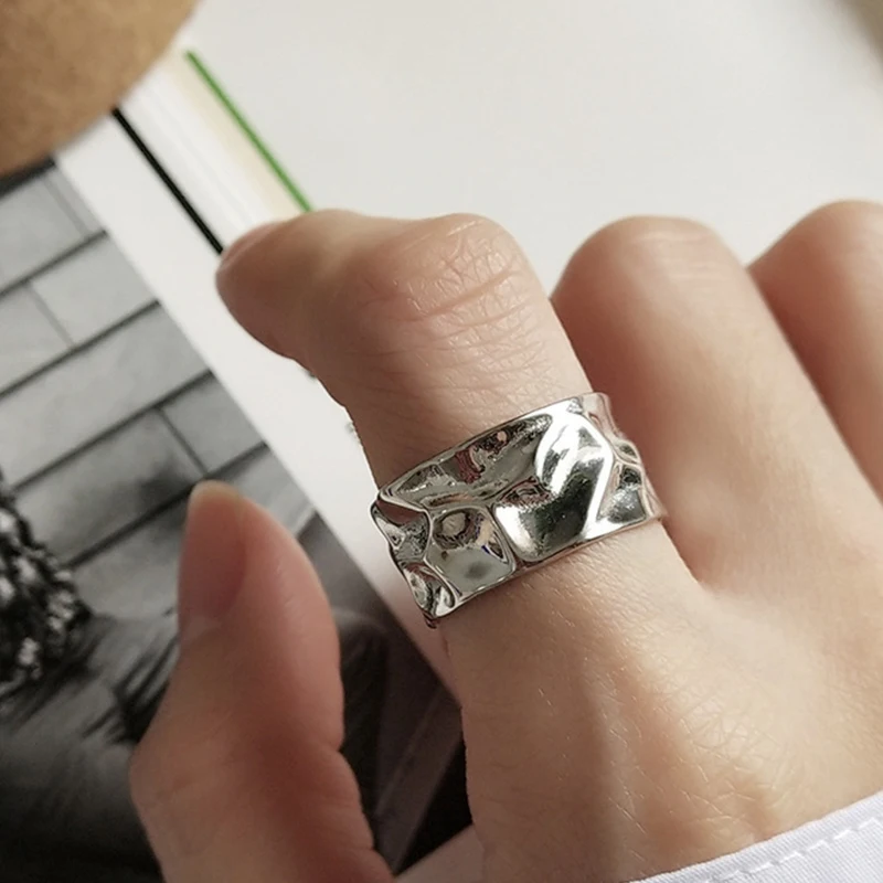 Irregular Concave convex Aluminum Foil Ring 925 Sterling Silver Open