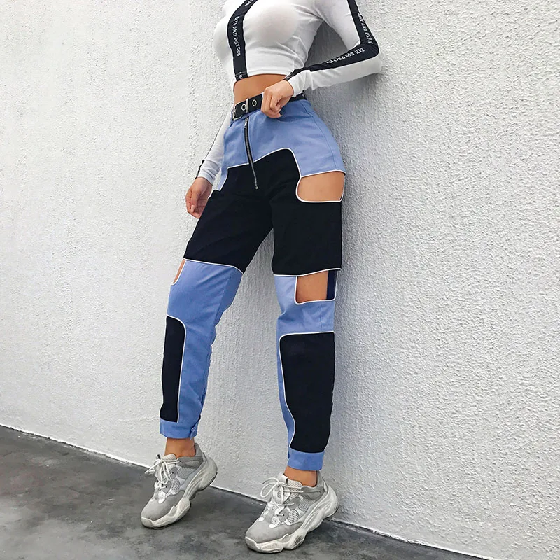 2019 Новый Harajuku в стиле хип хоп Штаны Для женщин пикантные открытые Высокая талия