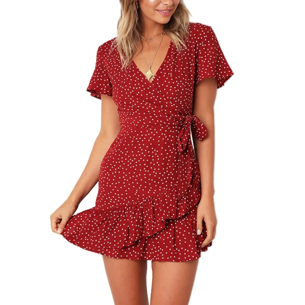 

Fashion Women Ruffles Polka Dot Mini Dress Sexy V-neck With Belt Summer Dress Tunic Boho Beach Sundress