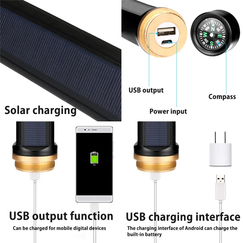 SANYI 3 режима фонарик Фонарь Зарядка от солнечной батареи или USB встроенный аккумулятор рабочее освещение портативная лампа Zoom фонарь
