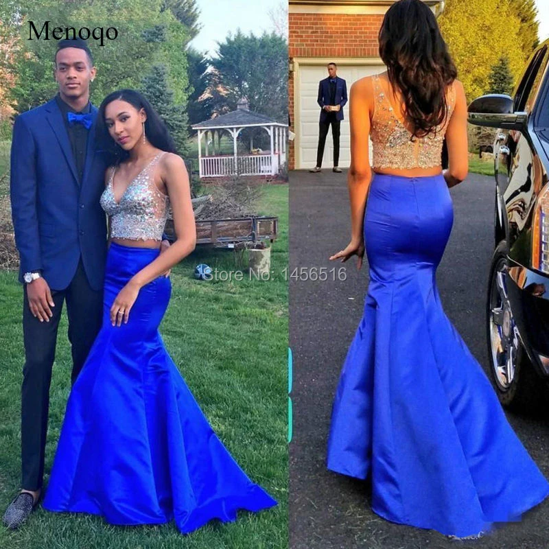 

Royal Blue Party Dress 2019 Beaded V Neckline Floor Length Mermaid 2 Piece Evening Dresses robe de soiree