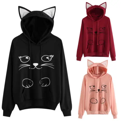  Women Cat Hoodie Long Sleeve Sweatshirt Jumper Coat Hooded Pullover Tops