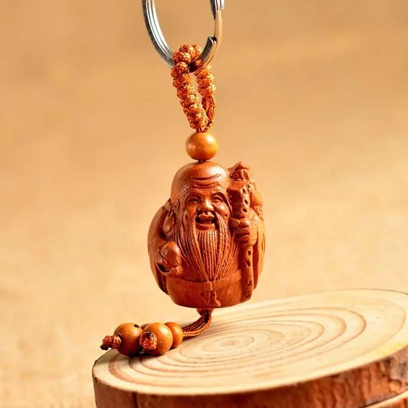 

Wood Carving Chinese Feng Shui Geomancy God of longevity Statue Key Chain Ring