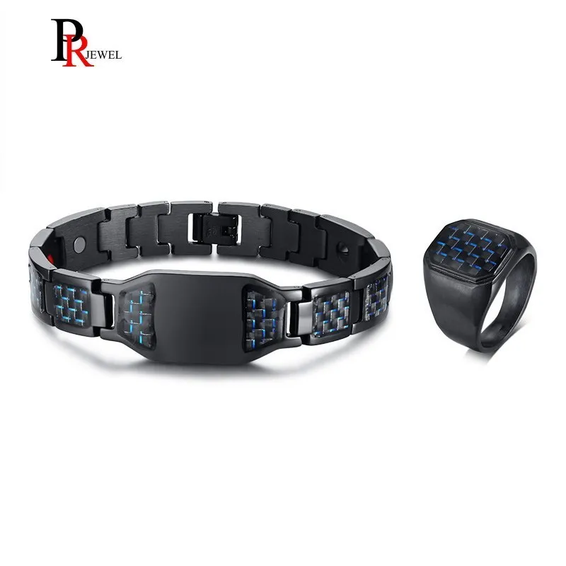 

Mens Bio Energy Bracelets and Rings Jewelry Sets Stylish Stainless Steel with Black and Blue New Carbon Fiber Male Accessories