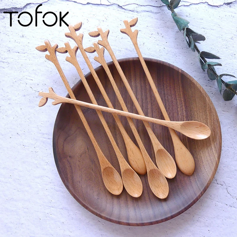 

Tofok 1PC Wooden Tree Crotch Long Handle Coffee Stirring Spoon Mixing Scoop Milk Ladle Honey Tea Spoon For Kitchen Home Cafe Bar