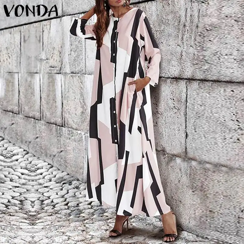 

VONDA Women Patchwork Printed Maxi Dress Casual Loose O Neck Long Sleeve Holiday Vestido 2019 Summer Party Dress Plus Size