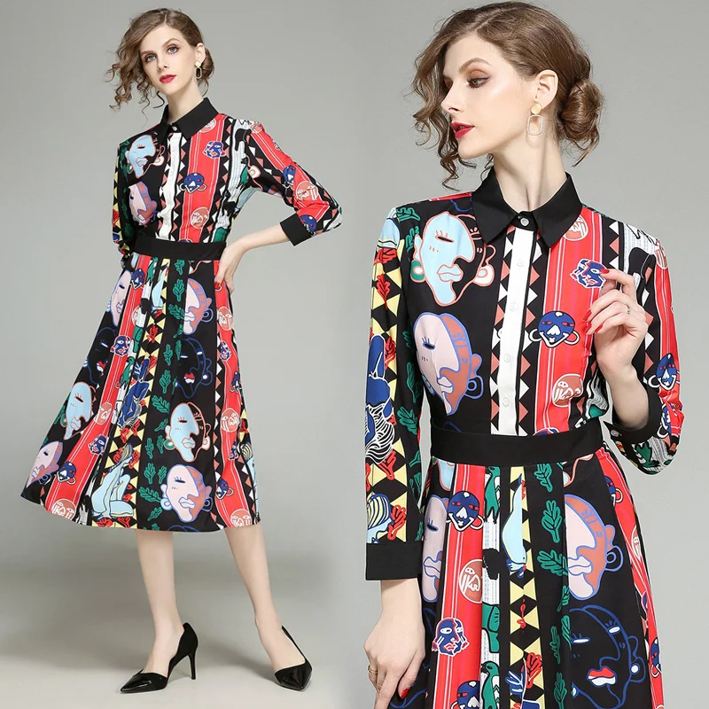 

European 2019 Fashion Runway Women's Long Sleeves Vintage Character Print dress printed dresses strip bow tie up