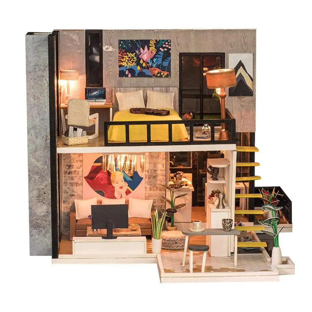 

1/24 Miniature Dollhouse Kit DIY House Model with Lights Furniture Educational Toys Birthday Gift for Children Kids Adult
