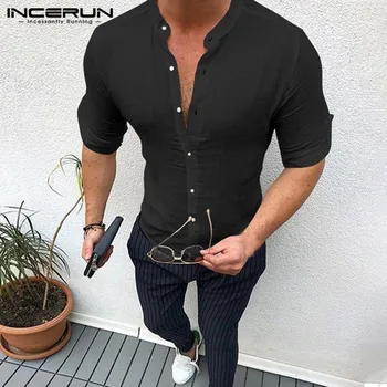 

Autumn Plain Mens Dress Shirts Long Sleeve Dress Male Tops Slim Fit Button Shirts V Neck Muscle Tee Men Clothes Camisas 5XL9