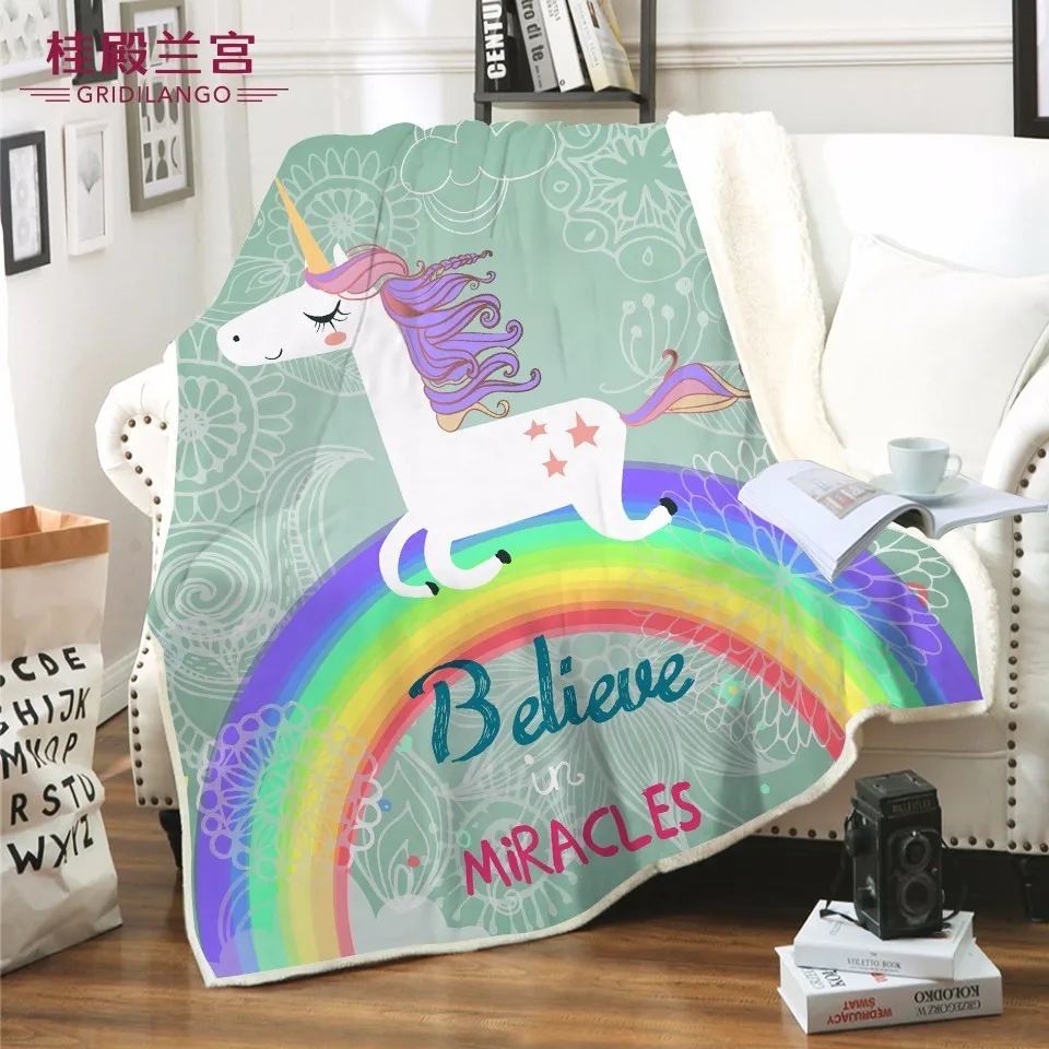 

GRIDILANGO Green Cartoon Unicorn Velvet Plush Throw Blanket Floral Printed for Kids Adults Sherpa Blanket for Couch Thin Quilt