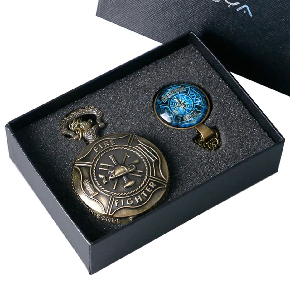 

Bronze Christmas Gift Pocket Watch Set for Men Fire Fighter Control Quartz Pocket Watch Necklace Chain for Dad Husband
